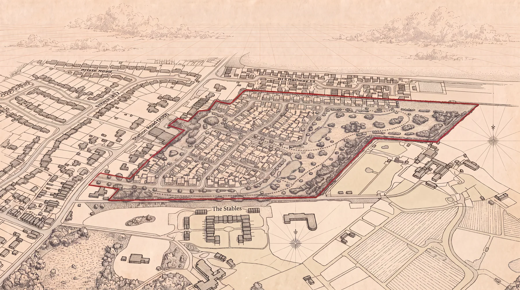 Ink illustration: an aerial planning map of a Cotswold town drawn in fine line, with an application site boundary outlined in red running behind Station Road and Old Railway Close, and open country beyond