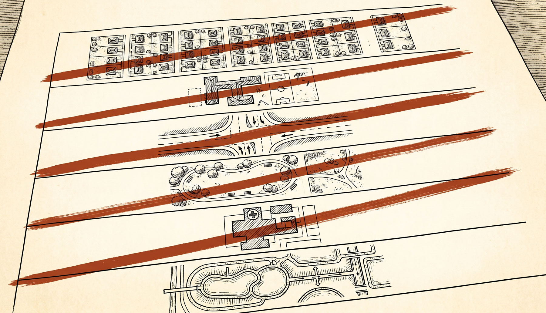 Illustrated planning drawings with red strike-through lines crossing out development components, representing negotiated Section 106 obligations