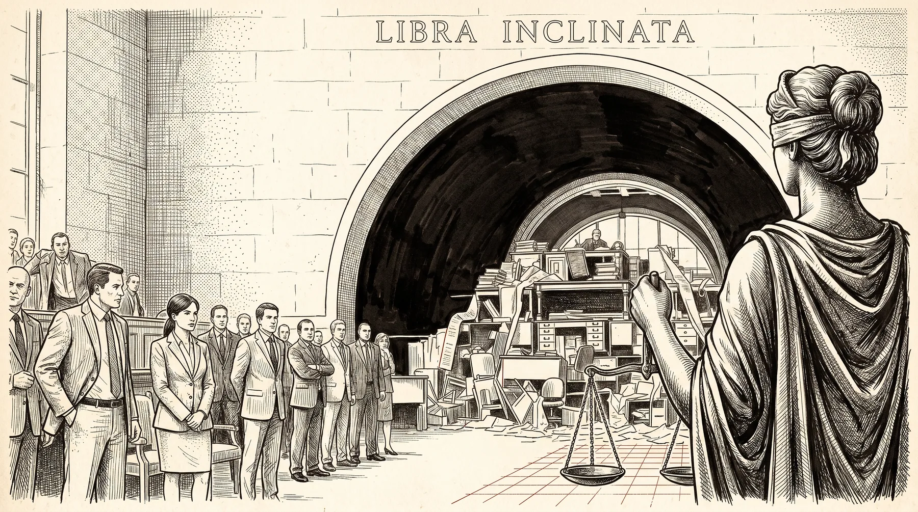 Ink illustration: a blindfolded Justice holding visibly tilted scales faces a line of council officers, councillors and residents on one side and a chaos of development paperwork on the other, beneath the words Libra Inclinata
