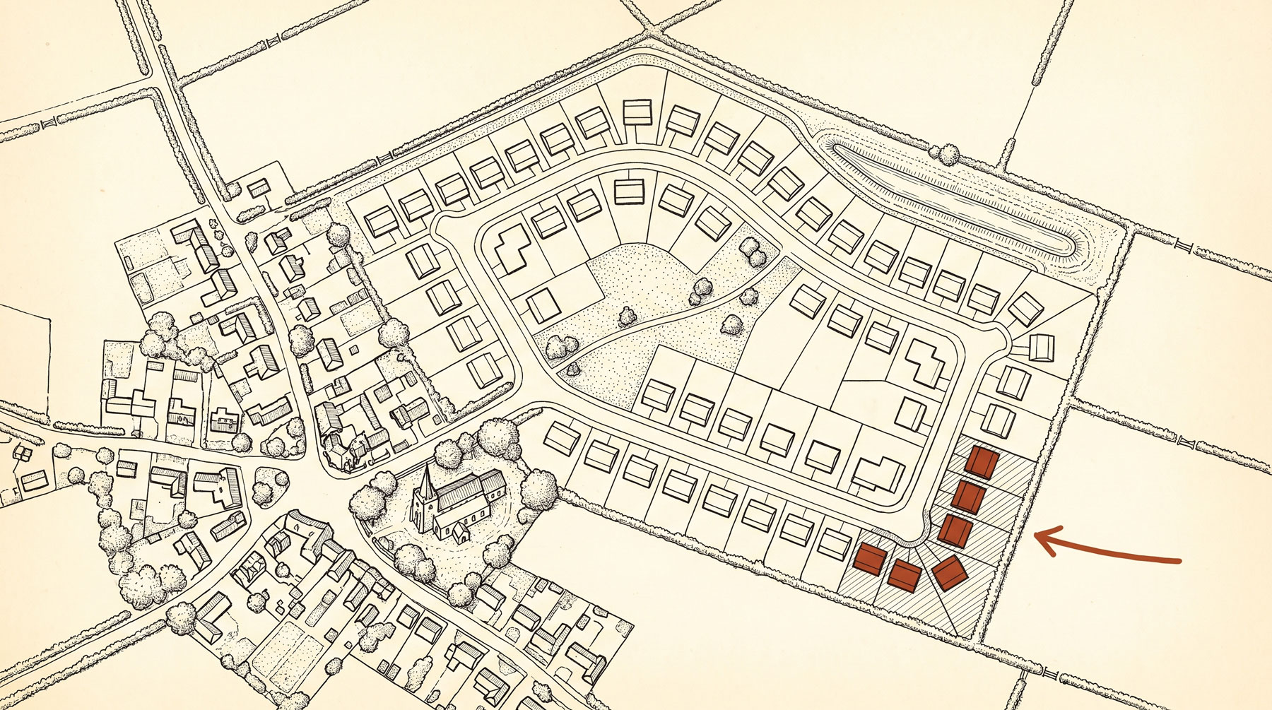 Illustrated site plan of a housing estate with an arrow pointing to a small cluster of homes highlighted in red, showing the affordable housing allocation